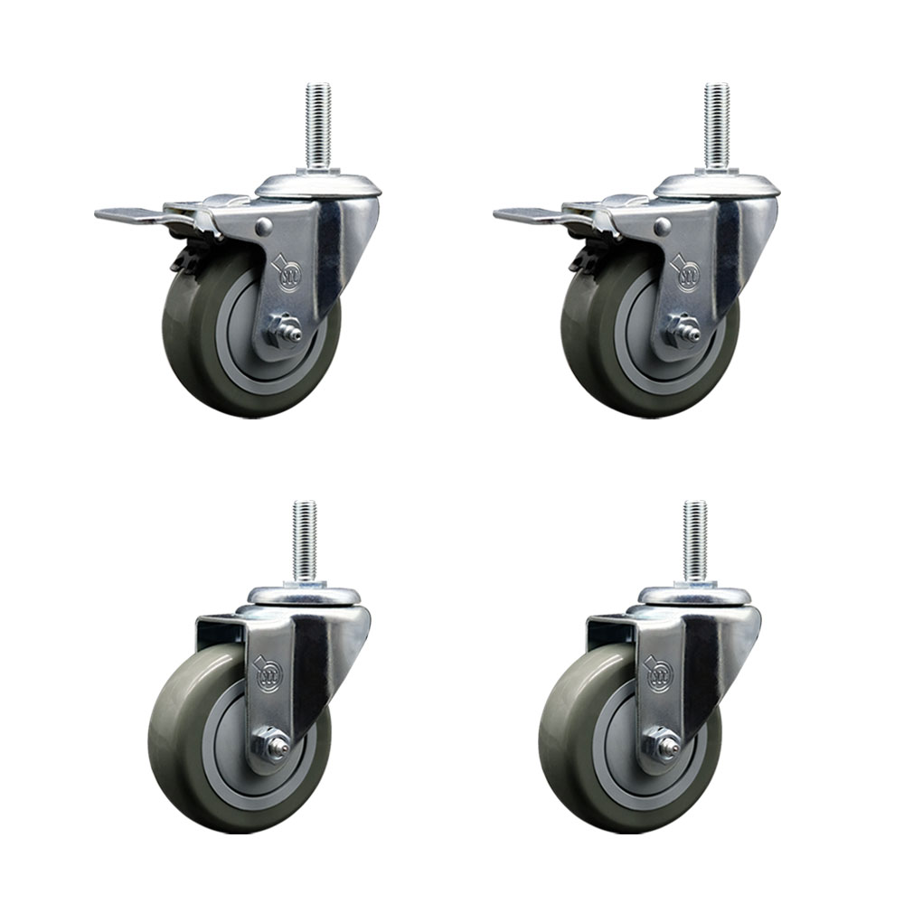 Polyurethane Swivel Threaded Stem Caster Set of 4 w/3.5" x 1.25" Gray Wheels and 3/4" Stems - Includes 2 with Total Locking Brake - 1,200 lbs Total Capacity - Service Caster Brand — photo 1