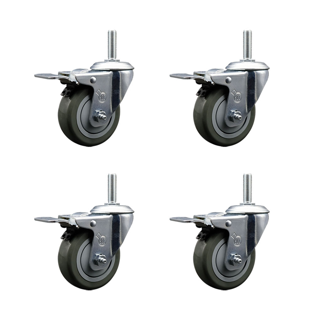 Polyurethane Swivel Threaded Stem Caster Set of 4 w/3.5" x 1.25" Gray Wheels and 3/4" Stems - Includes 4 with Total Lock Brakes - 1,200 lbs Total Capacity - Service Caster Brand — photo 1