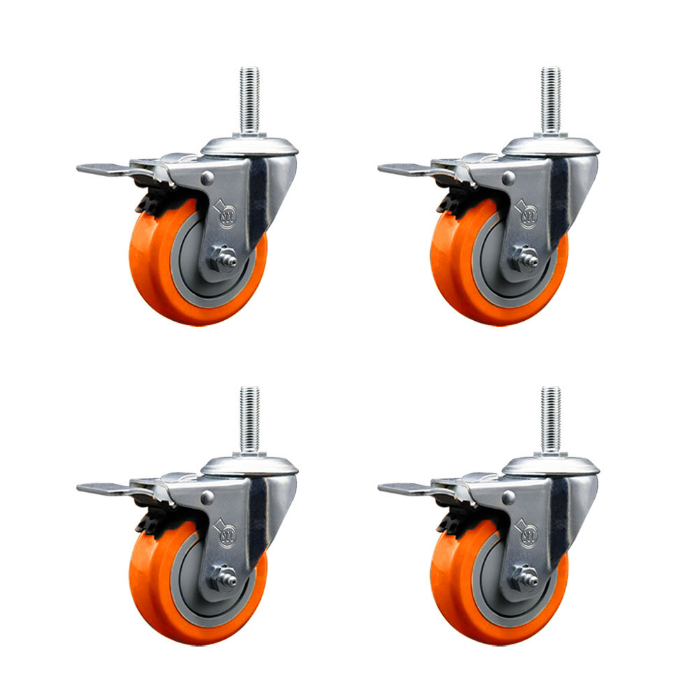 Polyurethane Swivel Threaded Stem Caster Set of 4 w/3.5" x 1.25" Orange Wheels and 5/8" Stems - Includes 4 with Total Lock Brakes - 1,200 lbs Total Capacity - Service Caster Brand — photo 1