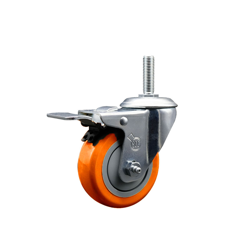 Polyurethane Swivel Threaded Stem Caster w/3.5" x 1.25" Orange Wheel and 3/4" Stem & Total Locking Brake - 300 lbs Capacity/Caster - Service Caster Brand — photo 1
