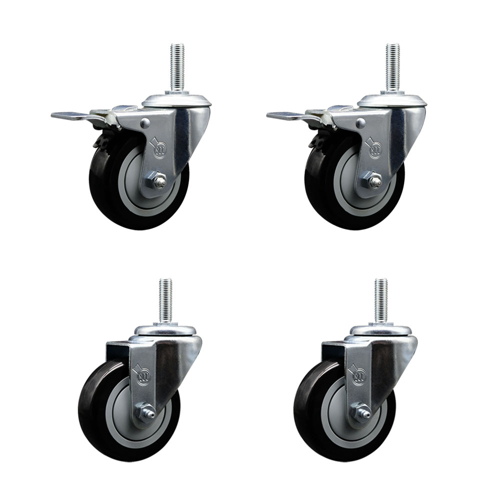 Polyurethane Swivel Threaded Stem Caster Set of 4 w/3.5" x 1.25" Black Wheels and 3/4" Stems - Includes 2 with Total Locking Brake - 1,200 lbs Total Capacity - Service Caster Brand — photo 1