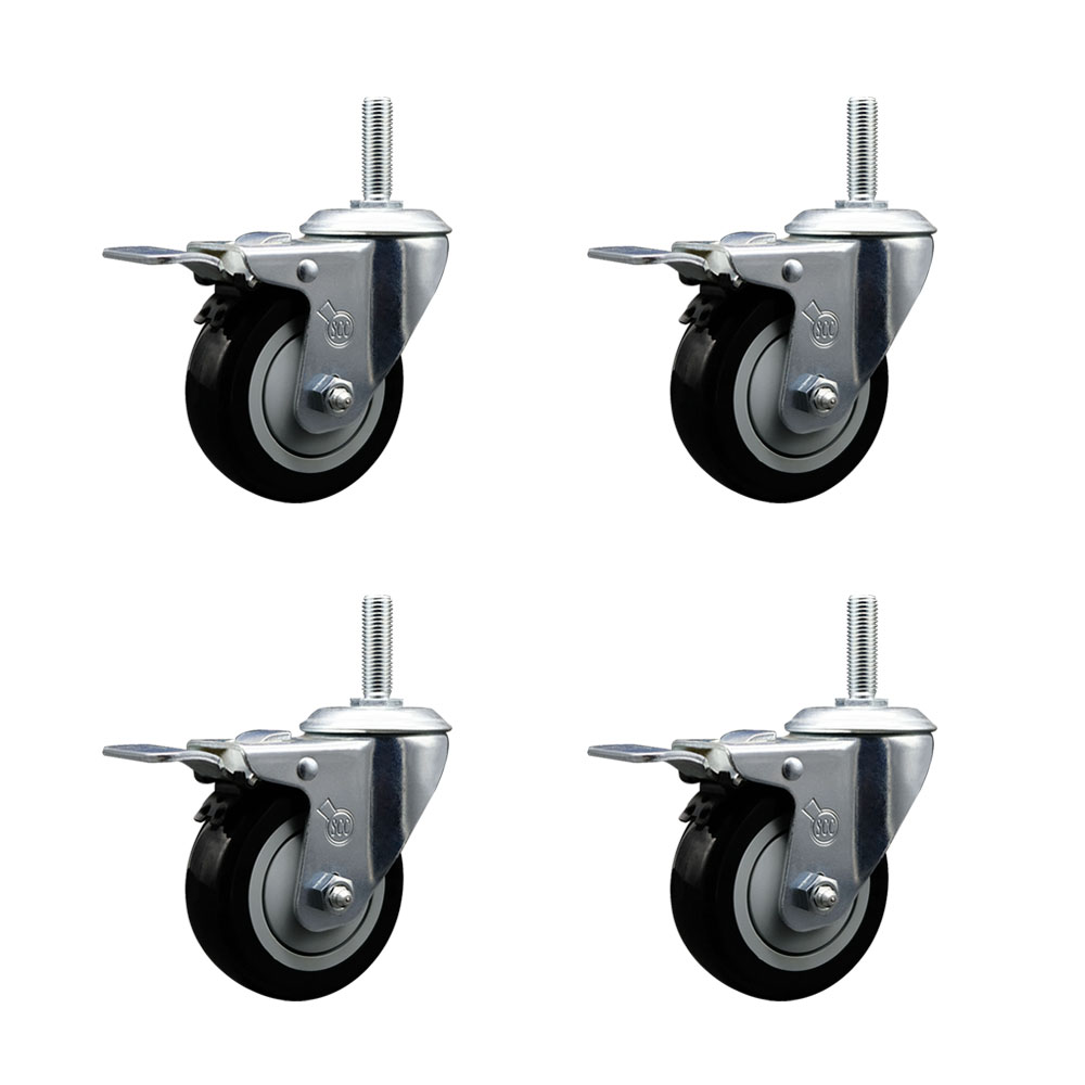 Polyurethane Swivel Threaded Stem Caster Set of 4 w/3.5" x 1.25" Black Wheels and 5/8" Stems - Includes 4 with Total Lock Brakes - 1,200 lbs Total Capacity - Service Caster Brand — photo 1