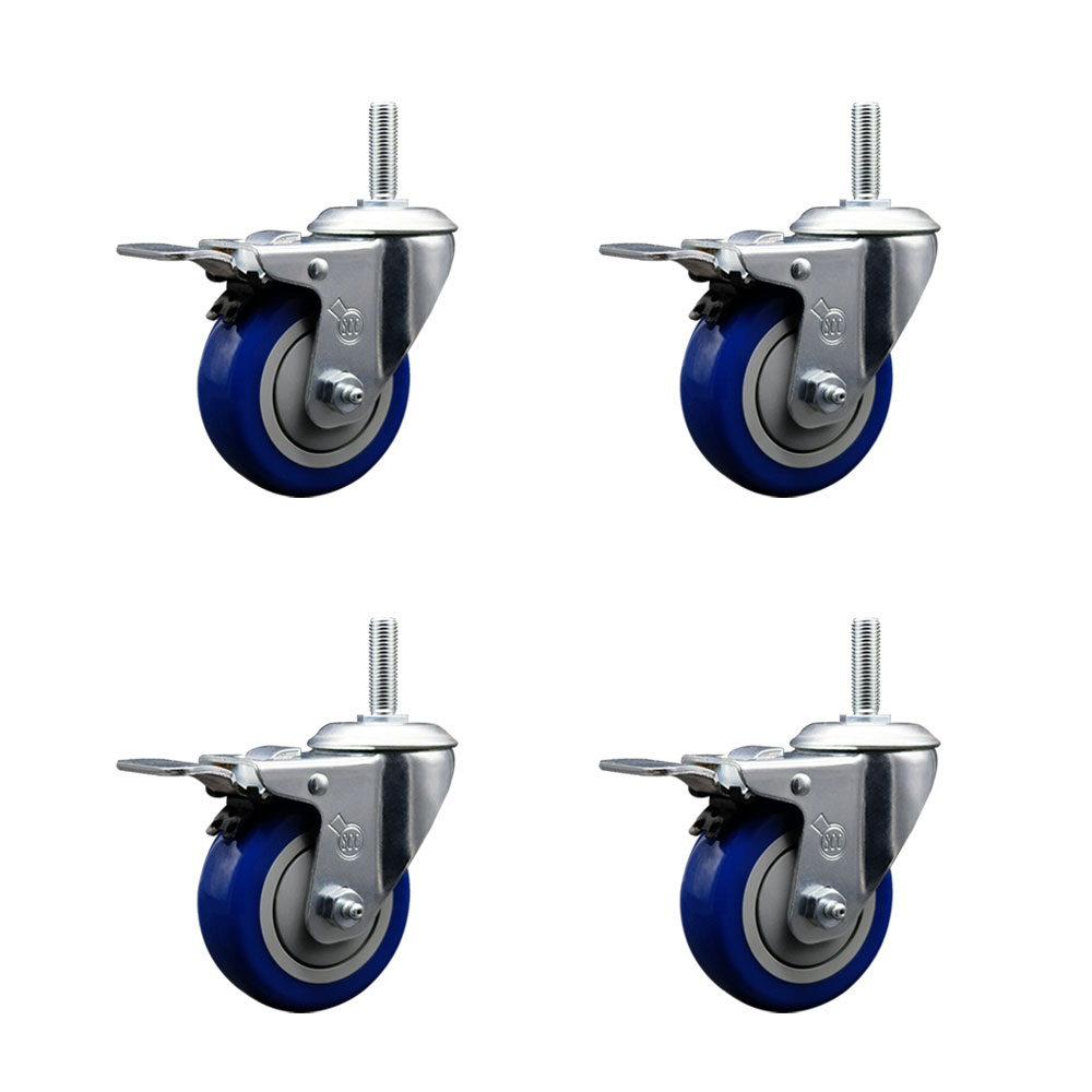 Polyurethane Swivel Threaded Stem Caster Set of 4 w/3.5" x 1.25" Blue Wheels and 3/4" Stems - Includes 4 with Total Lock Brakes - 1,200 lbs Total Capacity - Service Caster Brand — photo 1