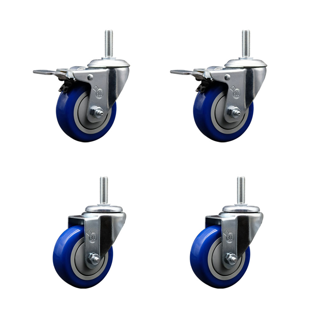 Polyurethane Swivel Threaded Stem Caster Set of 4 w/3.5" x 1.25" Blue Wheels and 5/8" Stems - Includes 2 with Total Locking Brake - 1,200 lbs Total Capacity - Service Caster Brand — photo 1