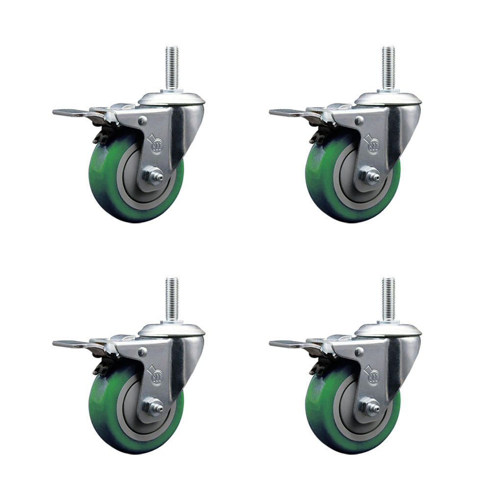 Polyurethane Swivel Threaded Stem Caster Set of 4 w/3.5" x 1.25" Green Wheels and 3/4" Stems - Includes 4 with Total Lock Brakes - 1,200 lbs Total Capacity - Service Caster Brand — photo 1