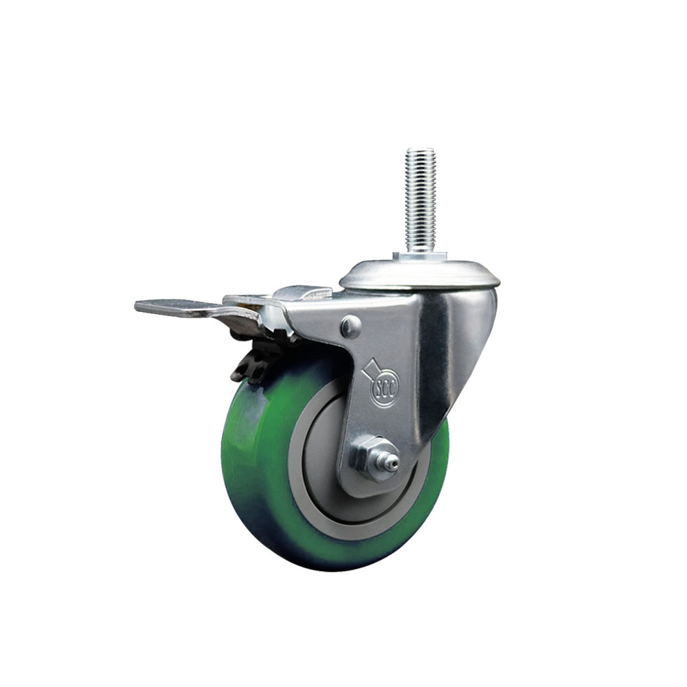 Polyurethane Swivel Threaded Stem Caster w/3.5" x 1.25" Green Wheel and 3/4" Stem & Total Locking Brake - 300 lbs Capacity/Caster - Service Caster Brand — photo 1