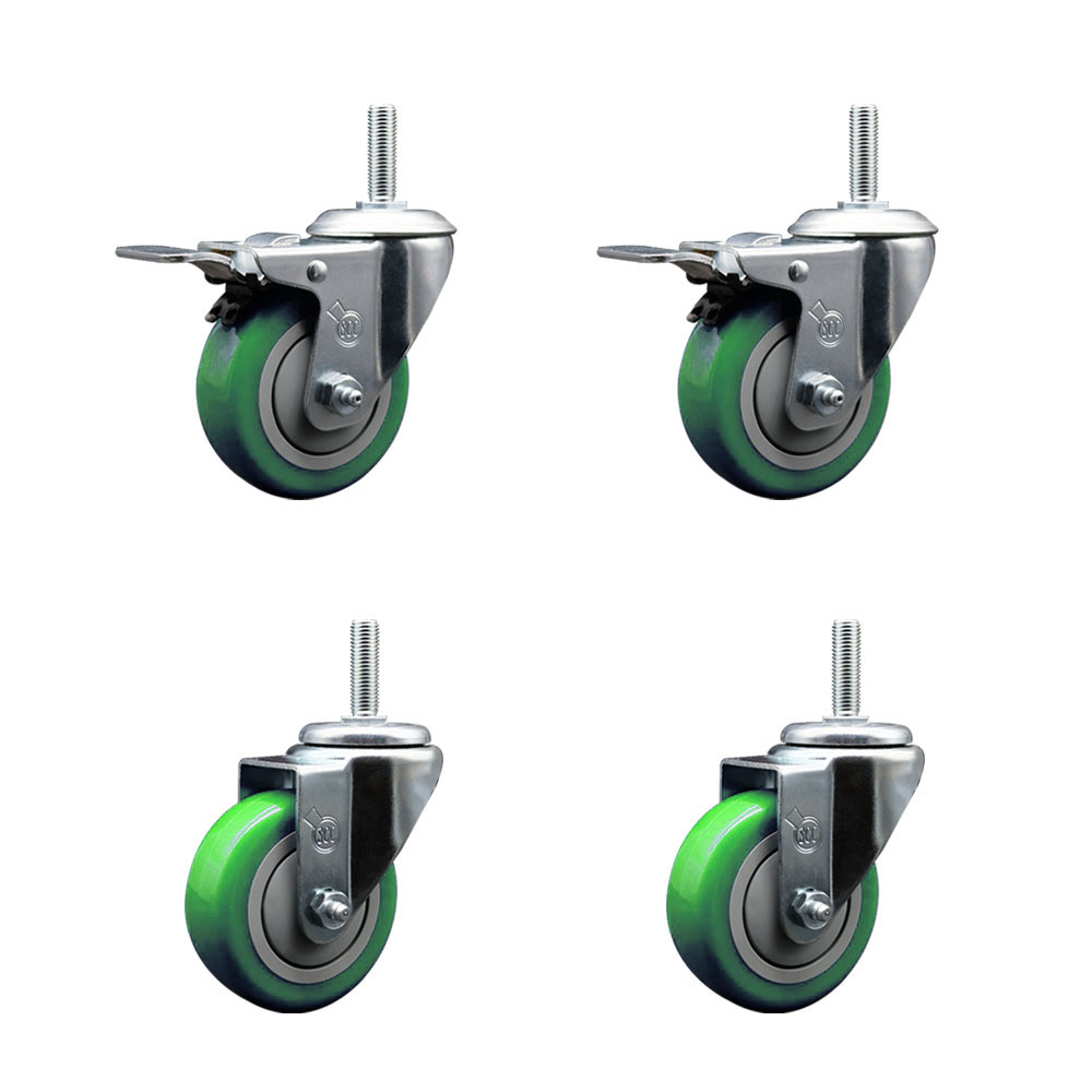 Polyurethane Swivel Threaded Stem Caster Set of 4 w/3.5" x 1.25" Green Wheels and 5/8" Stems - Includes 2 with Total Locking Brake - 1,200 lbs Total Capacity - Service Caster Brand — photo 1