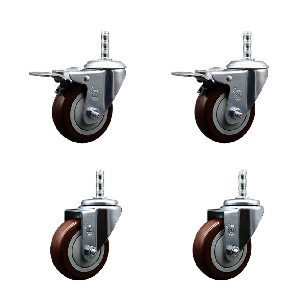 Polyurethane Swivel Threaded Stem Caster Set of 4 w/3.5" x 1.25" Maroon Wheels and 3/4" Stems - Includes 2 with Total Locking Brake - 1,200 lbs Total Capacity - Service Caster Brand — photo 1