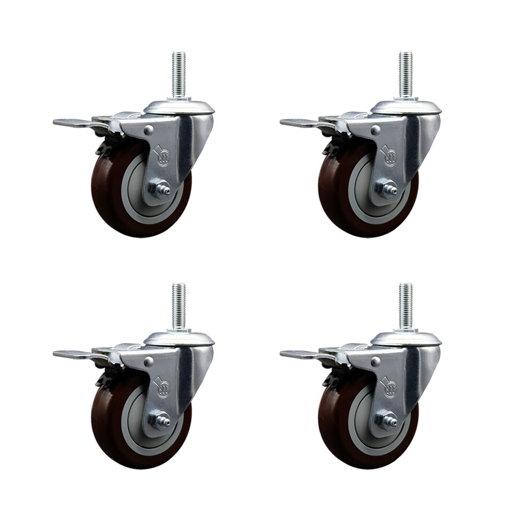 Polyurethane Swivel Threaded Stem Caster Set of 4 w/3.5" x 1.25" Maroon Wheels and 3/4" Stems - Includes 4 with Total Lock Brakes - 1,200 lbs Total Capacity - Service Caster Brand — photo 1