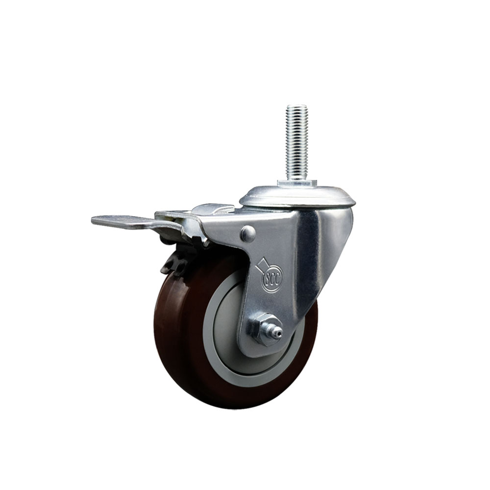 Polyurethane Swivel Threaded Stem Caster w/3.5" x 1.25" Maroon Wheel and 5/8" Stem & Total Locking Brake - 300 lbs Capacity/Caster - Service Caster Brand — photo 1