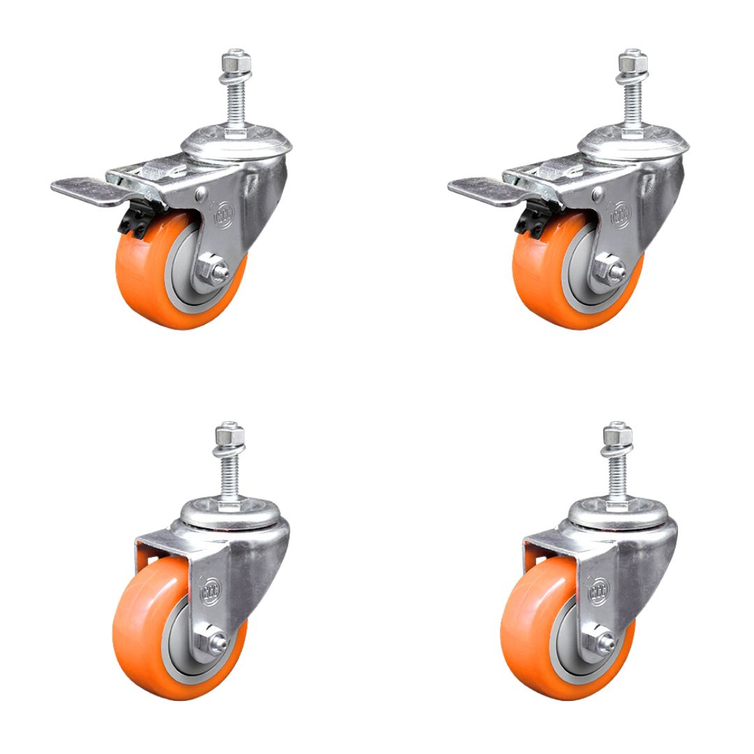 Polyurethane Swivel Threaded Stem Caster Set of 4 w/3.5" x 1.25" Orange Wheels and 10mm Stems - Includes 2 with Total Locking Brake - 1200 lbs Total Capacity - Service Caster Brand — photo 1