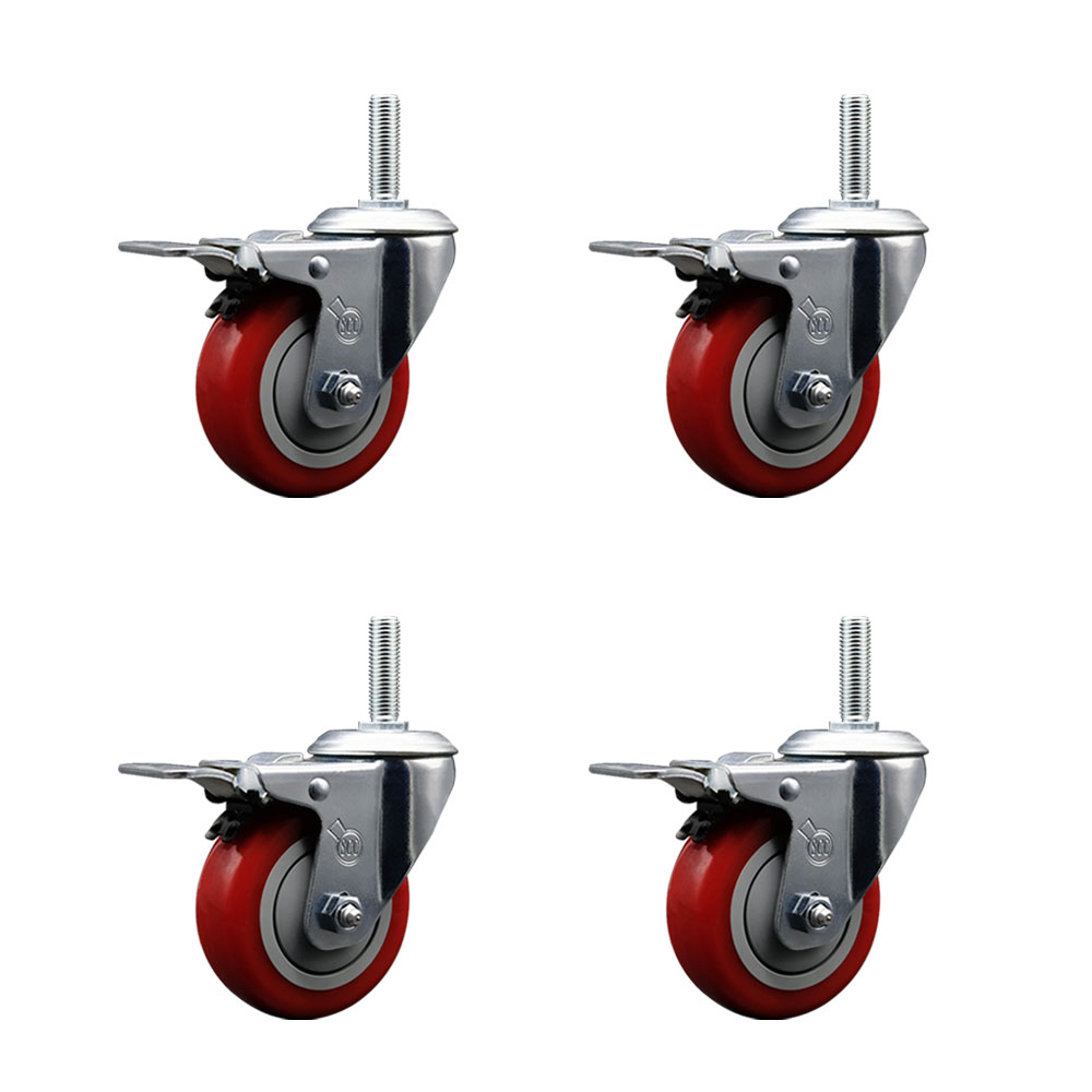 Polyurethane Swivel Threaded Stem Caster Set of 4 w/3.5" x 1.25" Red Wheels and 3/4" Stems - Includes 4 with Total Lock Brakes - 1,200 lbs Total Capacity - Service Caster Brand — photo 1