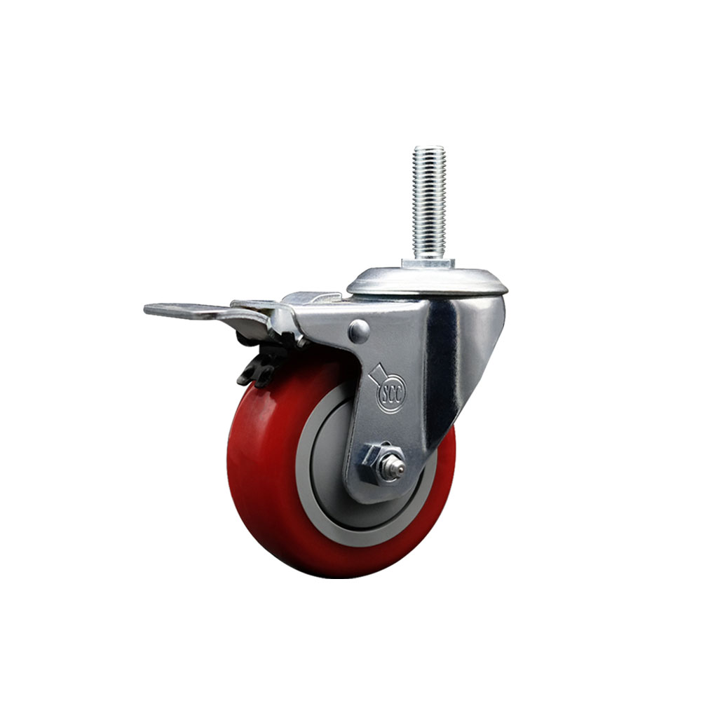 Polyurethane Swivel Threaded Stem Caster w/3.5" x 1.25" Red Wheel and 3/4" Stem & Total Locking Brake - 300 lbs Capacity/Caster - Service Caster Brand — photo 1