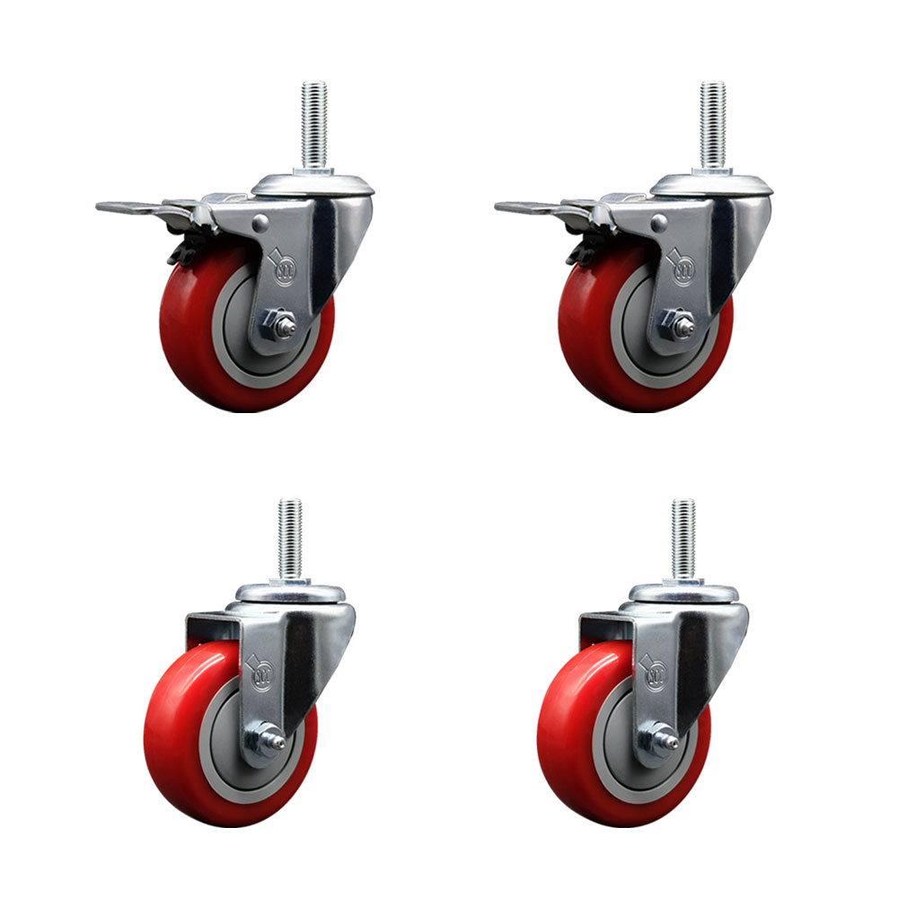 Polyurethane Swivel Threaded Stem Caster Set of 4 w/3.5" x 1.25" Red Wheels and 5/8" Stems - Includes 2 with Total Locking Brake - 1,200 lbs Total Capacity - Service Caster Brand — photo 1