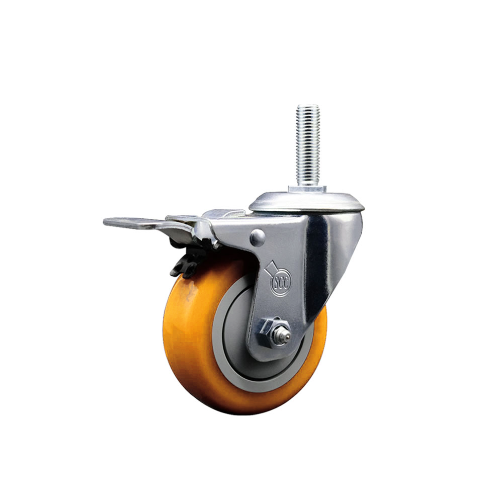 Polyurethane Swivel Threaded Stem Caster w/3.5" x 1.25" Yellow Wheel and 3/4" Stem & Total Locking Brake - 300 lbs Capacity/Caster - Service Caster Brand — photo 1