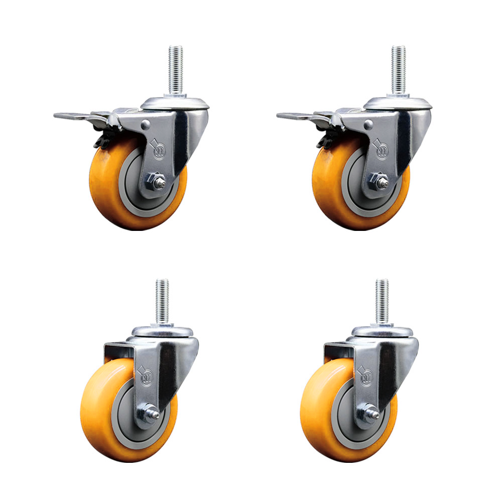 Polyurethane Swivel Threaded Stem Caster Set of 4 w/3.5" x 1.25" Yellow Wheels and 5/8" Stems - Includes 2 with Total Locking Brake - 1,200 lbs Total Capacity - Service Caster Brand — photo 1