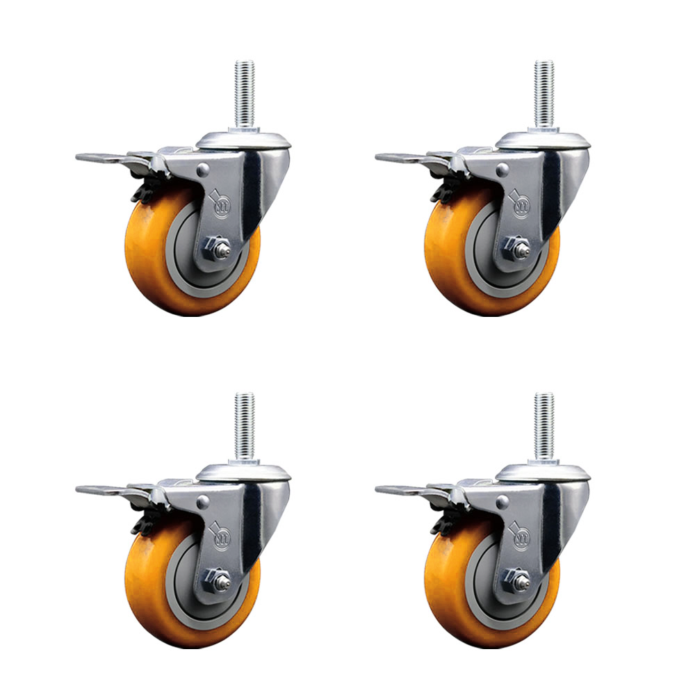 Polyurethane Swivel Threaded Stem Caster Set of 4 w/3.5" x 1.25" Yellow Wheels and 5/8" Stems - Includes 4 with Total Lock Brakes - 1,200 lbs Total Capacity - Service Caster Brand — photo 1