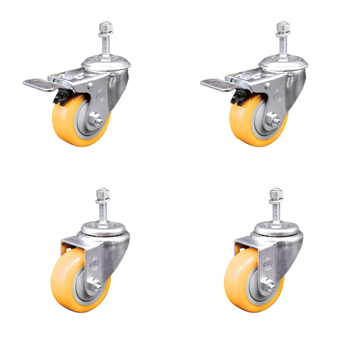 Polyurethane Swivel Threaded Stem Caster Set of 4 w/3.5" x 1.25" Yellow Wheels and 10mm Stems - Includes 2 with Total Locking Brake - 1200 lbs Total Capacity - Service Caster Brand — photo 1