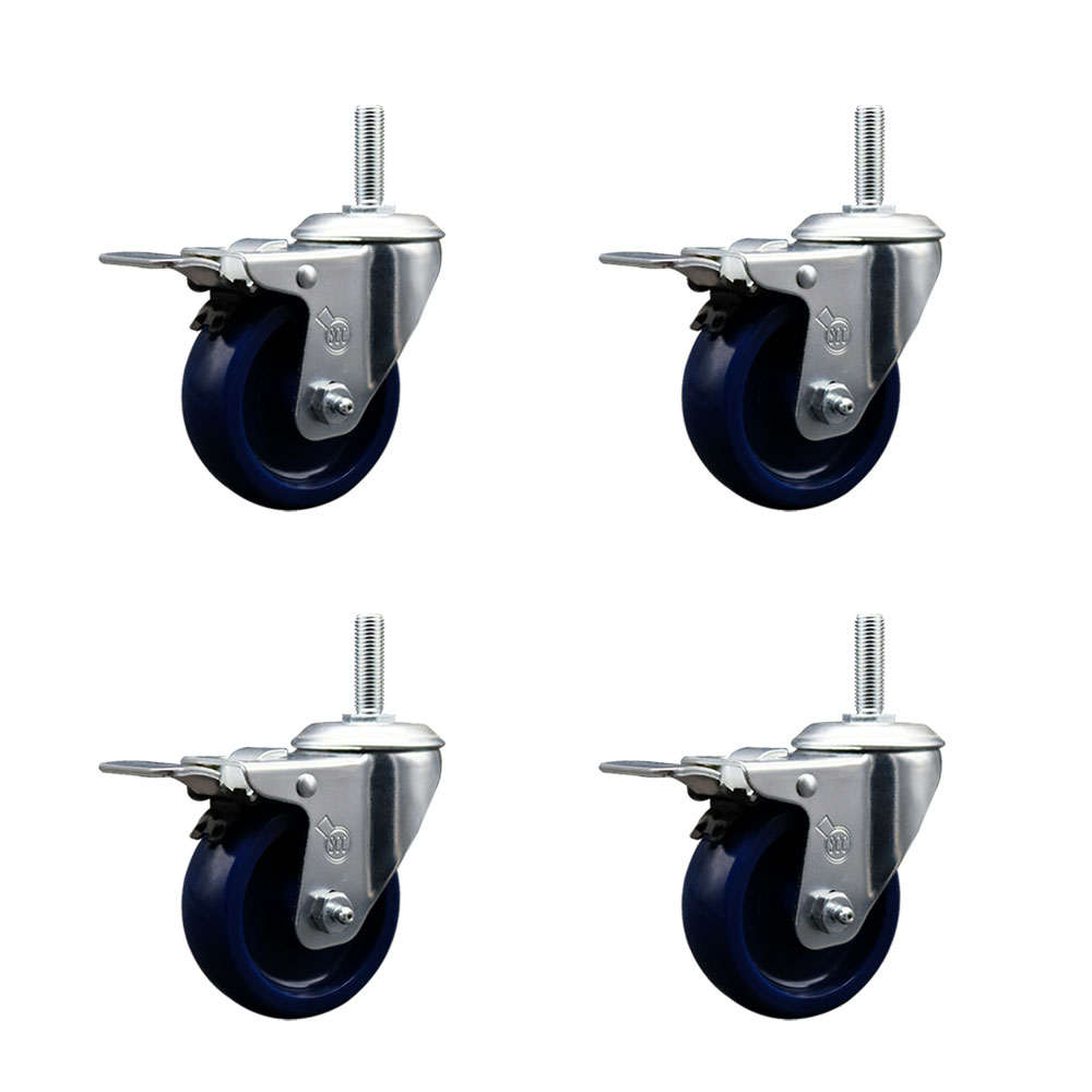 Solid Polyurethane Swivel Threaded Stem Caster Set of 4 w/3.5" x 1.25" Blue Wheels and 3/4" Stems - Includes 4 with Total Lock Brakes - 1200 lbs Total Capacity - Service Caster Brand — photo 1