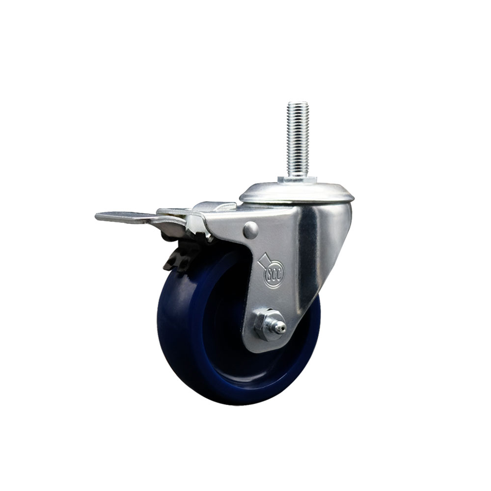 Solid Polyurethane Swivel Threaded Stem Caster w/3.5" x 1.25" Blue Wheel and 3/4" Stem & Total Locking Brake - 300 lbs Capacity/Caster - Service Caster Brand — photo 1