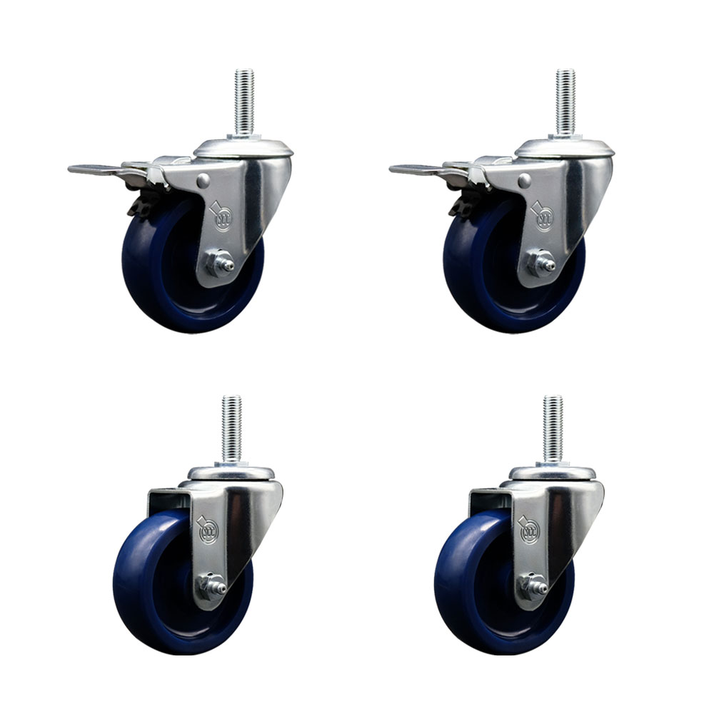 Solid Polyurethane Swivel Threaded Stem Caster Set of 4 w/3.5" x 1.25" Blue Wheels and 5/8" Stems - Includes 2 with Total Locking Brake - 1200 lbs Total Capacity - Service Caster Brand — photo 1