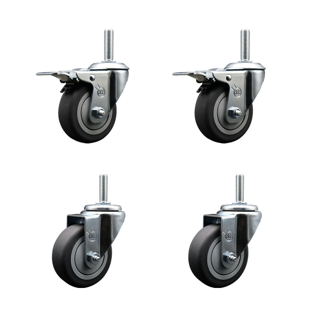 Thermoplastic Rubber Swivel Threaded Stem Caster Set of 4 - 3.5" x 1.25" Gray Wheels and 3/4" Stems - Includes 2 with Total Locking Brake - 920 lbs Total Capacity - Service Caster Brand — photo 1