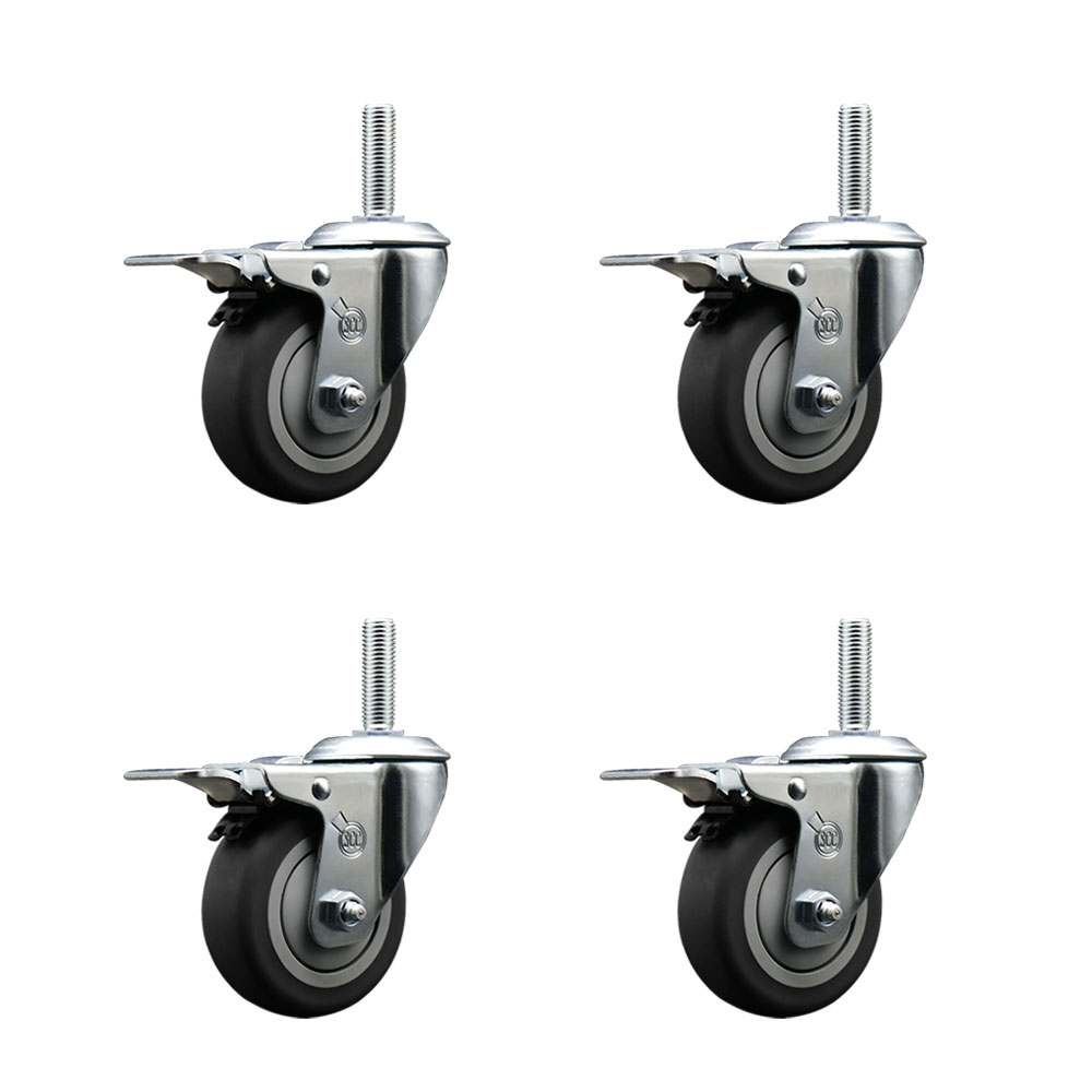 Thermoplastic Rubber Swivel Threaded Stem Caster Set of 4 w/3.5" x 1.25" Gray Wheels and 5/8" Stems - Includes 4 with Total Lock Brakes - 920 lbs Total Capacity - Service Caster Brand — photo 1