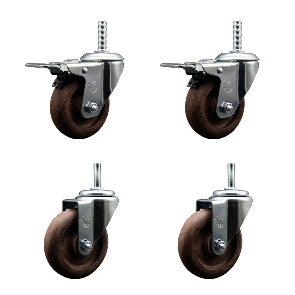 High Temp Glass Filled Nylon Swivel Threaded Stem Caster Set of 4 w/4" x 1.25" Brown Wheels and 3/4" Stems - Includes 2 with Total Locking Brake - 1400 lbs Total Capacity - Service Caster Brand — photo 1