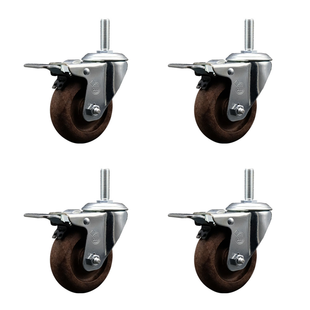 High Temp Glass Filled Nylon Swivel Threaded Stem Caster Set of 4 w/4" x 1.25" Brown Wheels and 5/8" Stems - Includes 4 with Total Lock Brakes - 1400 lbs Total Capacity - Service Caster Brand — photo 1