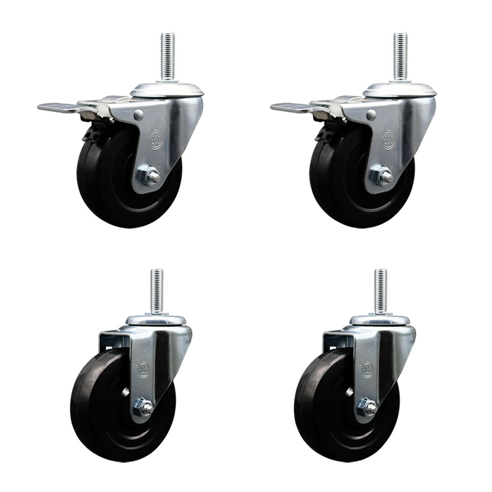 Hard Rubber Swivel Threaded Stem Caster Set of 4 w/4" x 1.25" Black Wheels and 3/4" Stems - Includes 2 with Total Locking Brake - 1,200 lbs Total Capacity - Service Caster Brand — photo 1