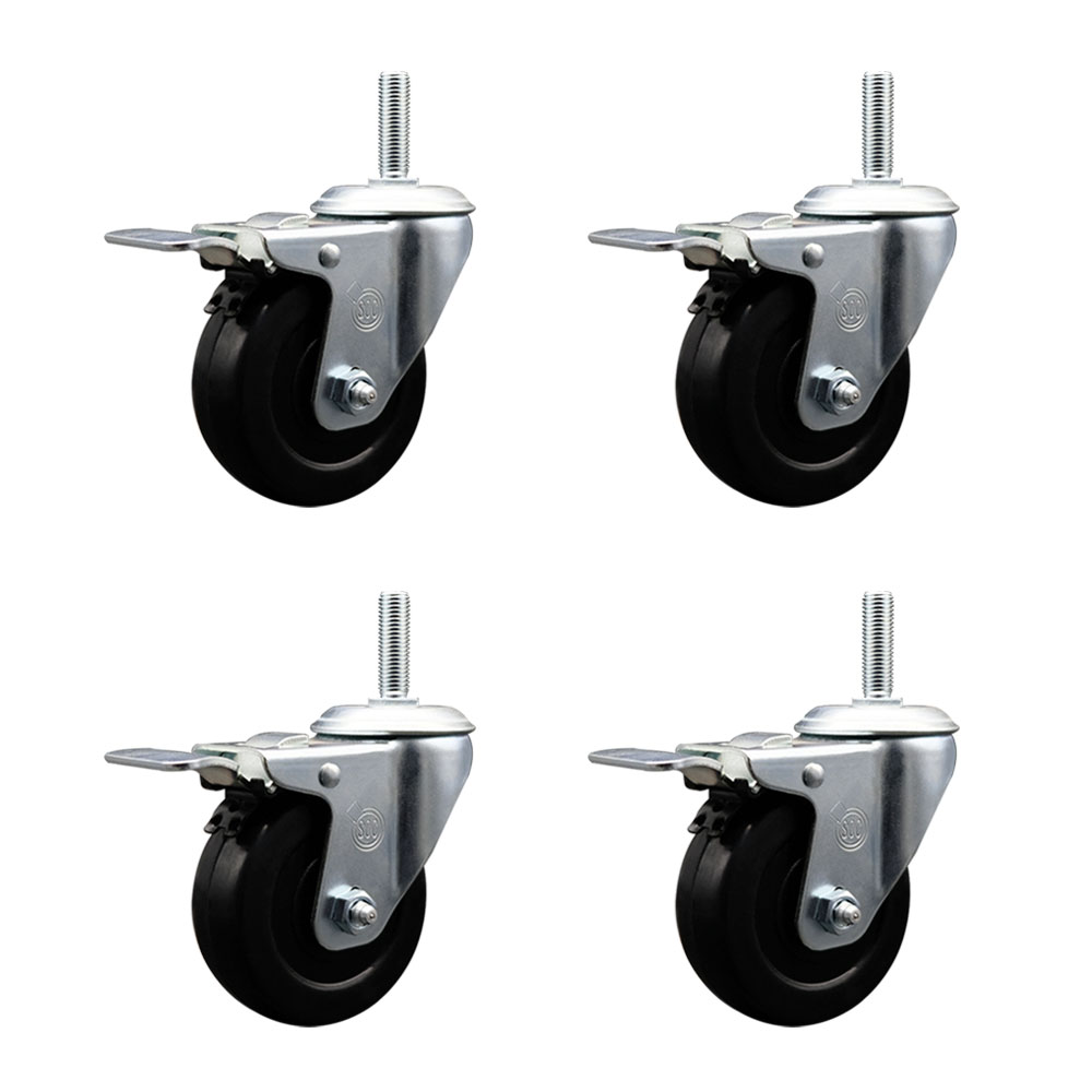 Soft Rubber Swivel Threaded Stem Caster Set of 4 w/4" x 1.25" Black Wheels and 3/4" Stems - Includes 4 with Total Lock Brakes - 800 lbs Total Capacity - Service Caster Brand — photo 1