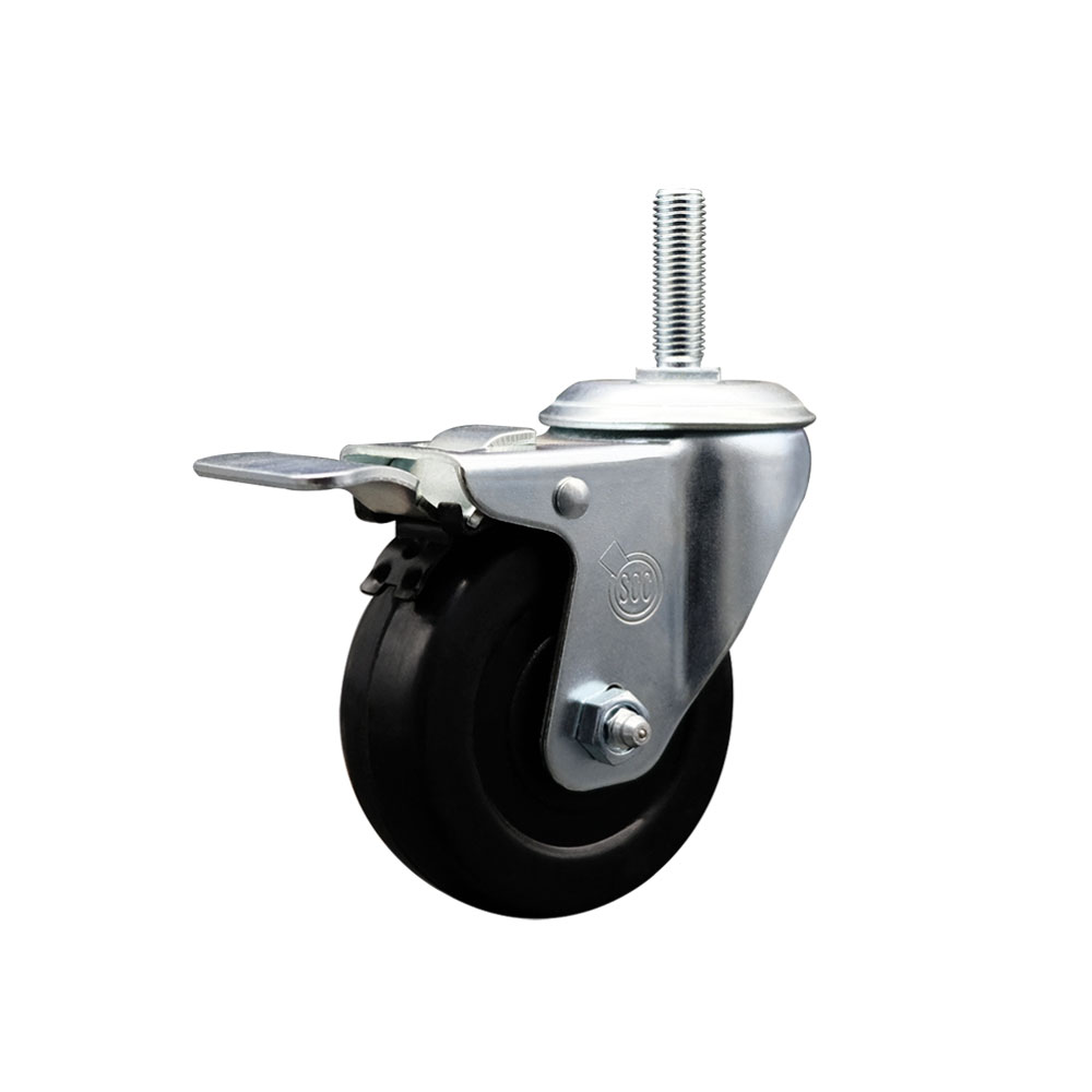 Soft Rubber Swivel Threaded Stem Caster w/4" x 1.25" Black Wheel and 3/4" Stem & Total Locking Brake - 200 lbs Capacity/Caster - Service Caster Brand — photo 1