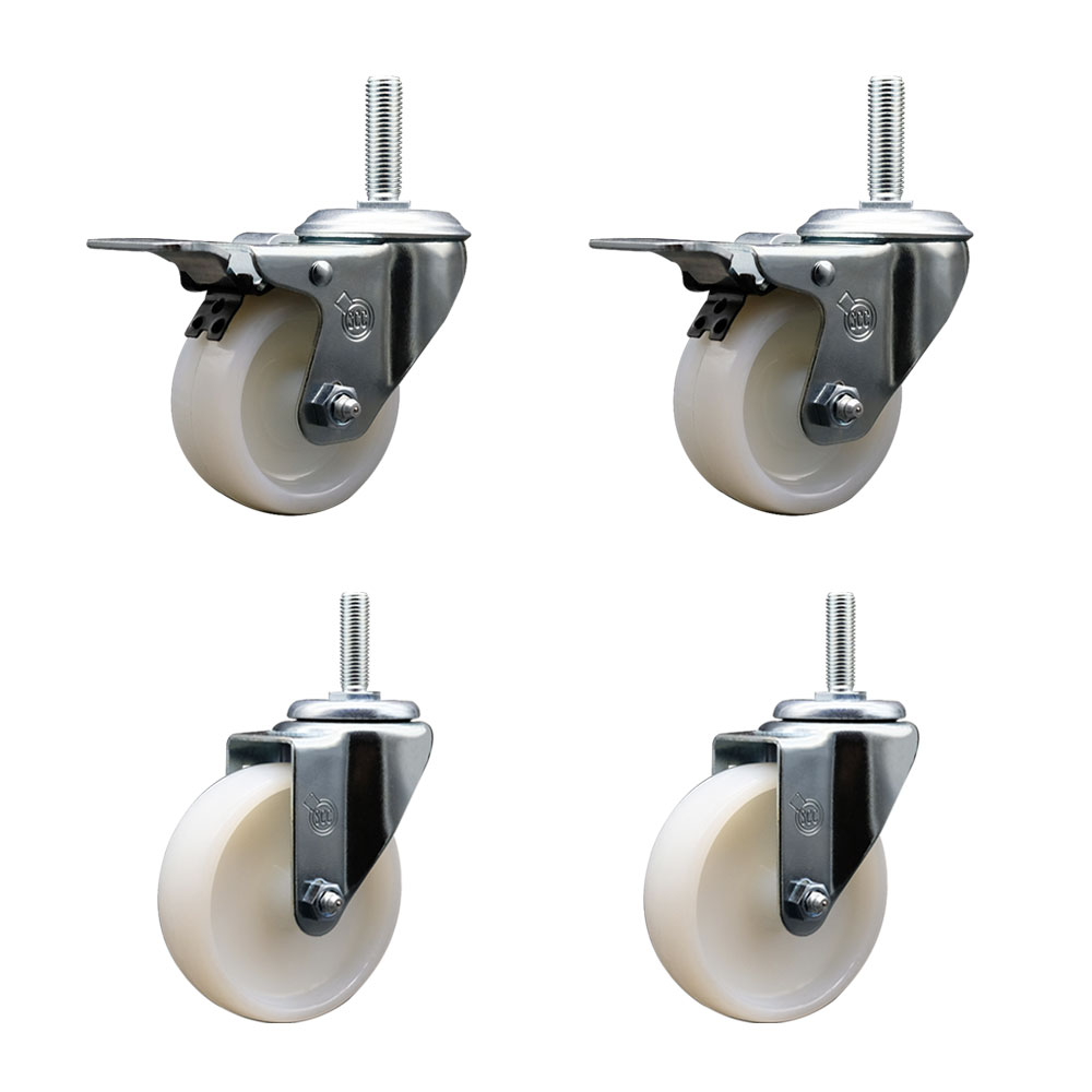 Nylon Swivel Threaded Stem Caster Set of 4 w/4" x 1.25" White Wheels and 3/4" Stems - Includes 2 with Total Locking Brake - 1200 lbs Total Capacity - Service Caster Brand — photo 1