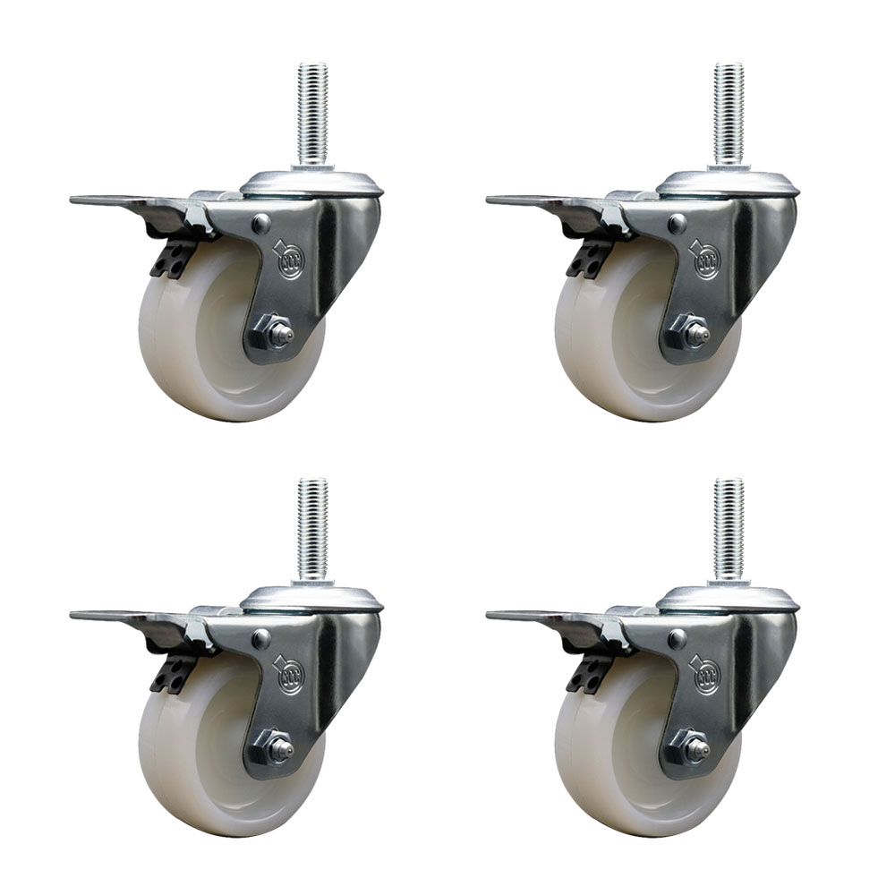 Nylon Swivel Threaded Stem Caster Set of 4 w/4" x 1.25" White Wheels and 5/8" Stems - Includes 4 with Total Lock Brakes - 1200 lbs Total Capacity - Service Caster Brand — photo 1