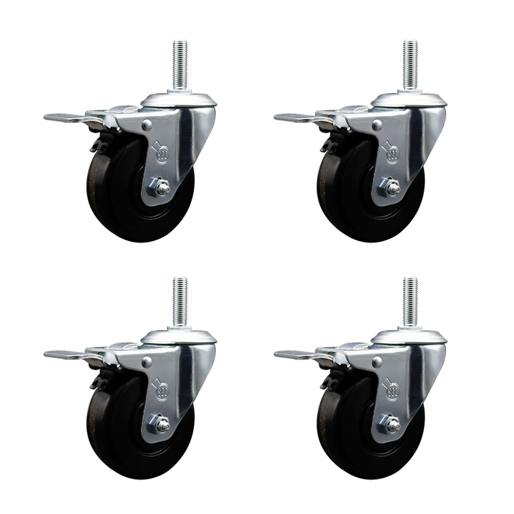 Phenolic Swivel Threaded Stem Caster Set of 4 w/4" x 1.25" Black Wheels and 3/4" Stems - Includes 4 with Total Lock Brakes - 1200 lbs Total Capacity - Service Caster Brand — photo 1