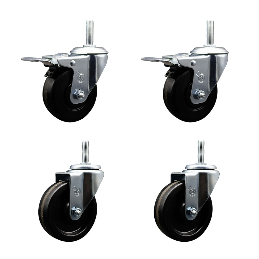 Phenolic Swivel Threaded Stem Caster Set of 4 w/4" x 1.25" Black Wheels and 5/8" Stems - Includes 2 with Total Locking Brake - 1200 lbs Total Capacity - Service Caster Brand — photo 1
