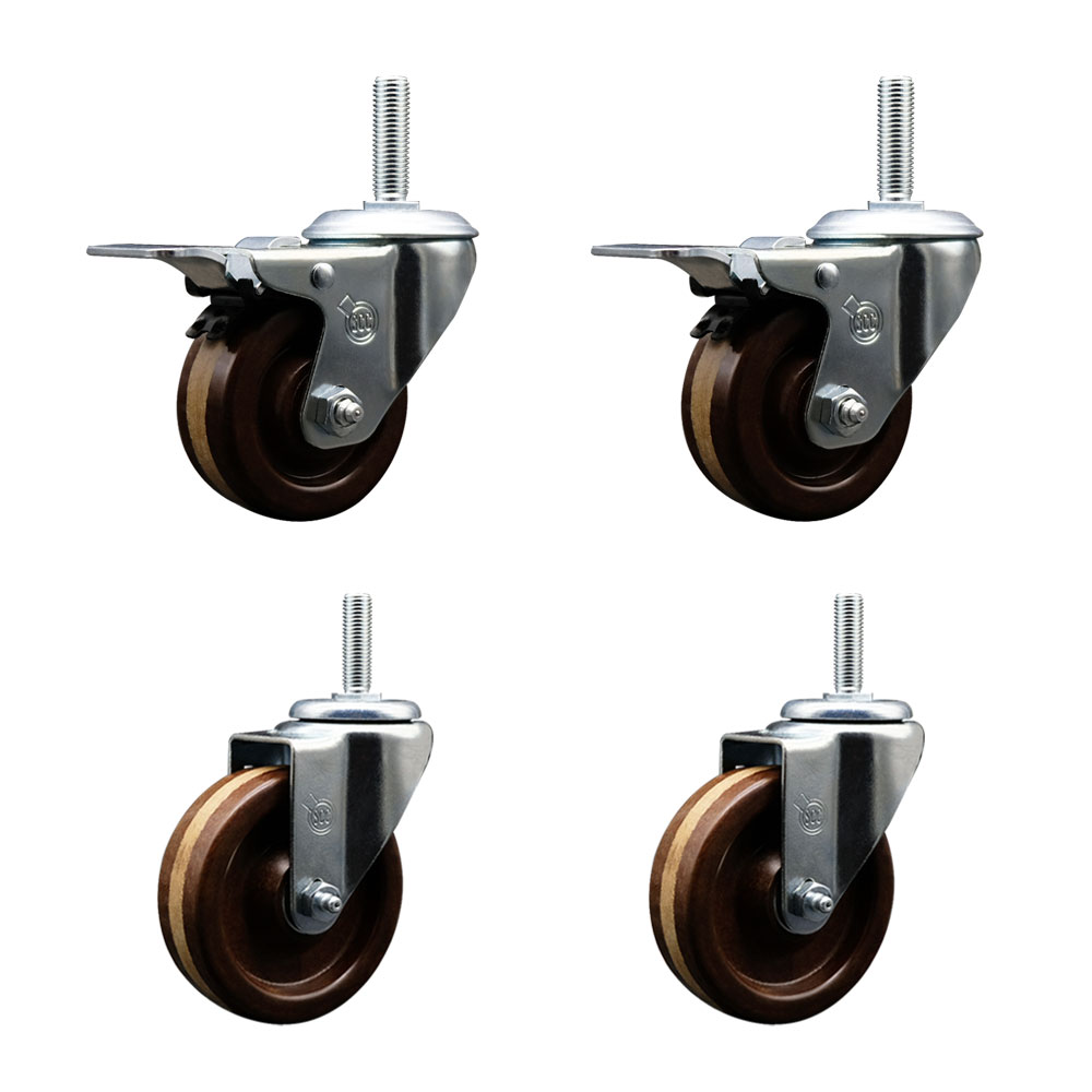 High Temp Phenolic Swivel Threaded Stem Caster Set of 4 w/4" x 1.25" Brown Wheels and 3/4" Stems - Includes 2 with Total Locking Brake - 1200 lbs Total Capacity - Service Caster Brand — photo 1