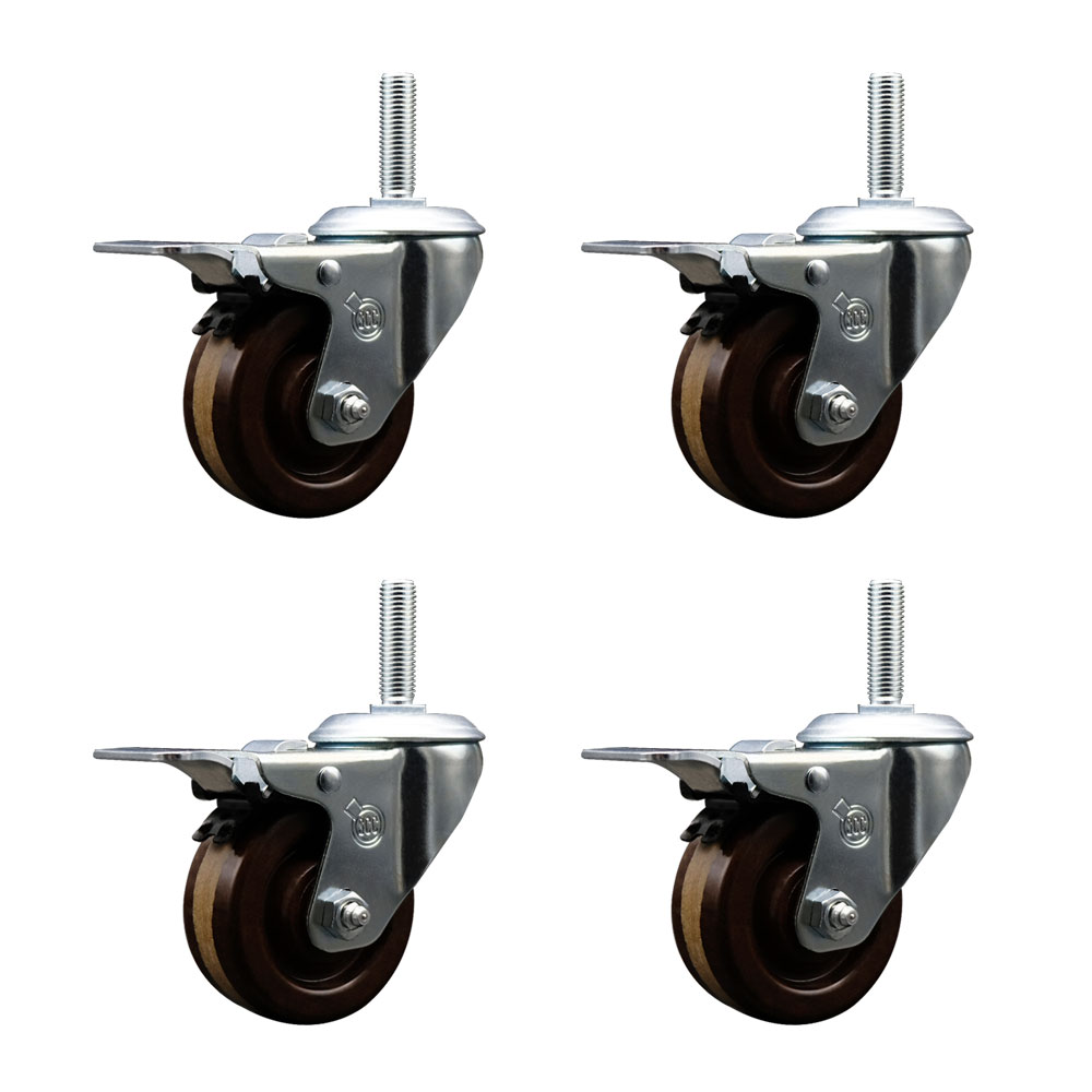 High Temp Phenolic Swivel Threaded Stem Caster Set of 4 w/4" x 1.25" Brown Wheels and 3/4" Stems - Includes 4 with Total Lock Brakes - 1200 lbs Total Capacity - Service Caster Brand — photo 1