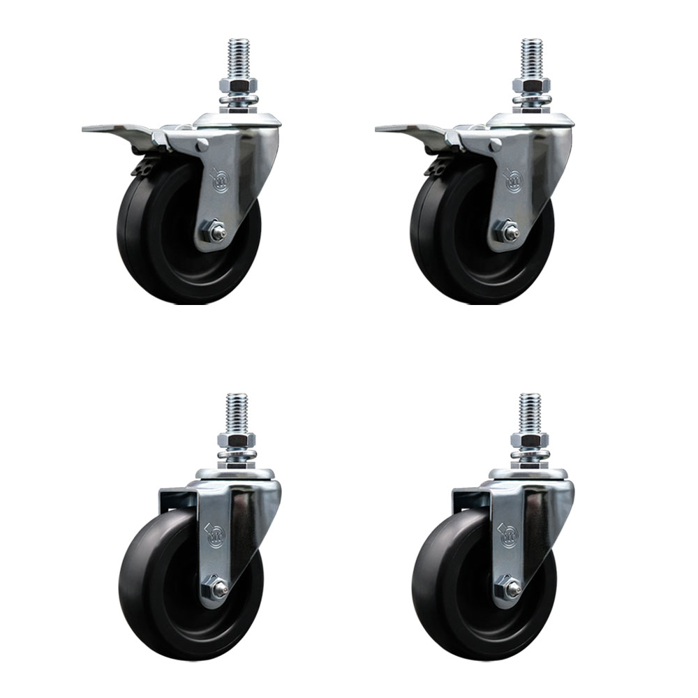 Polyolefin Swivel Threaded Stem Caster Wheels Set of 4 with 4 Inch Black Wheels and 1/2" Stems - Includes 2 with Total Lock Brakes - 1400 lbs. Total Capacity - Service Caster Brand — photo 1