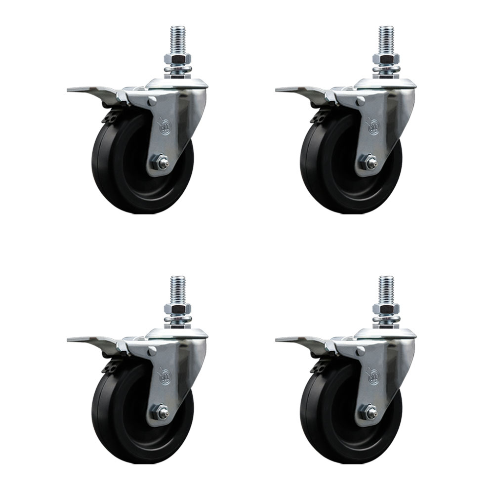 Polyolefin Swivel Threaded Stem Caster Wheels Set of 4 with 4 Inch Black Wheels and 1/2" Stems - Includes 4 with Total Lock Brakes - 1400 lbs. Total Capacity - Service Caster Brand — photo 1