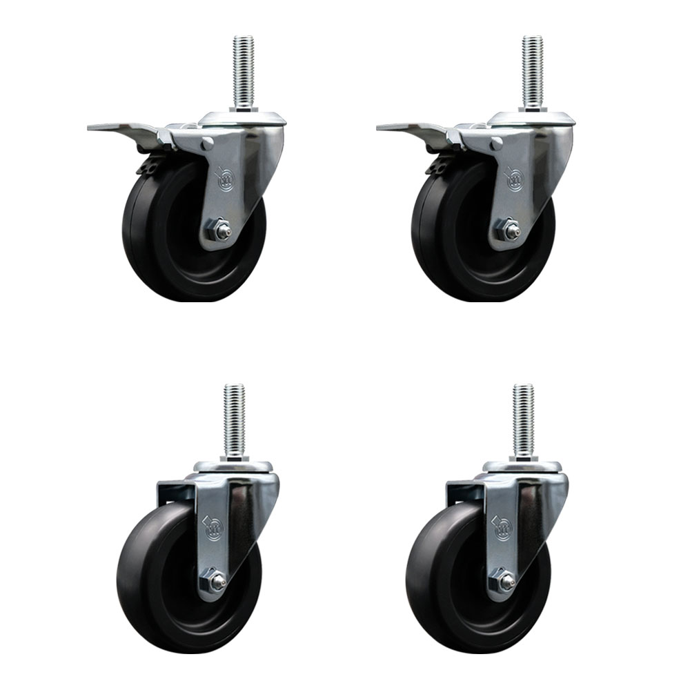 Polyolefin Swivel Threaded Stem Caster Wheels Set of 4 with 4 Inch Black Wheels and 3/4" Stems - Includes 2 with Total Lock Brakes - 1400 lbs. Total Capacity - Service Caster Brand — photo 1