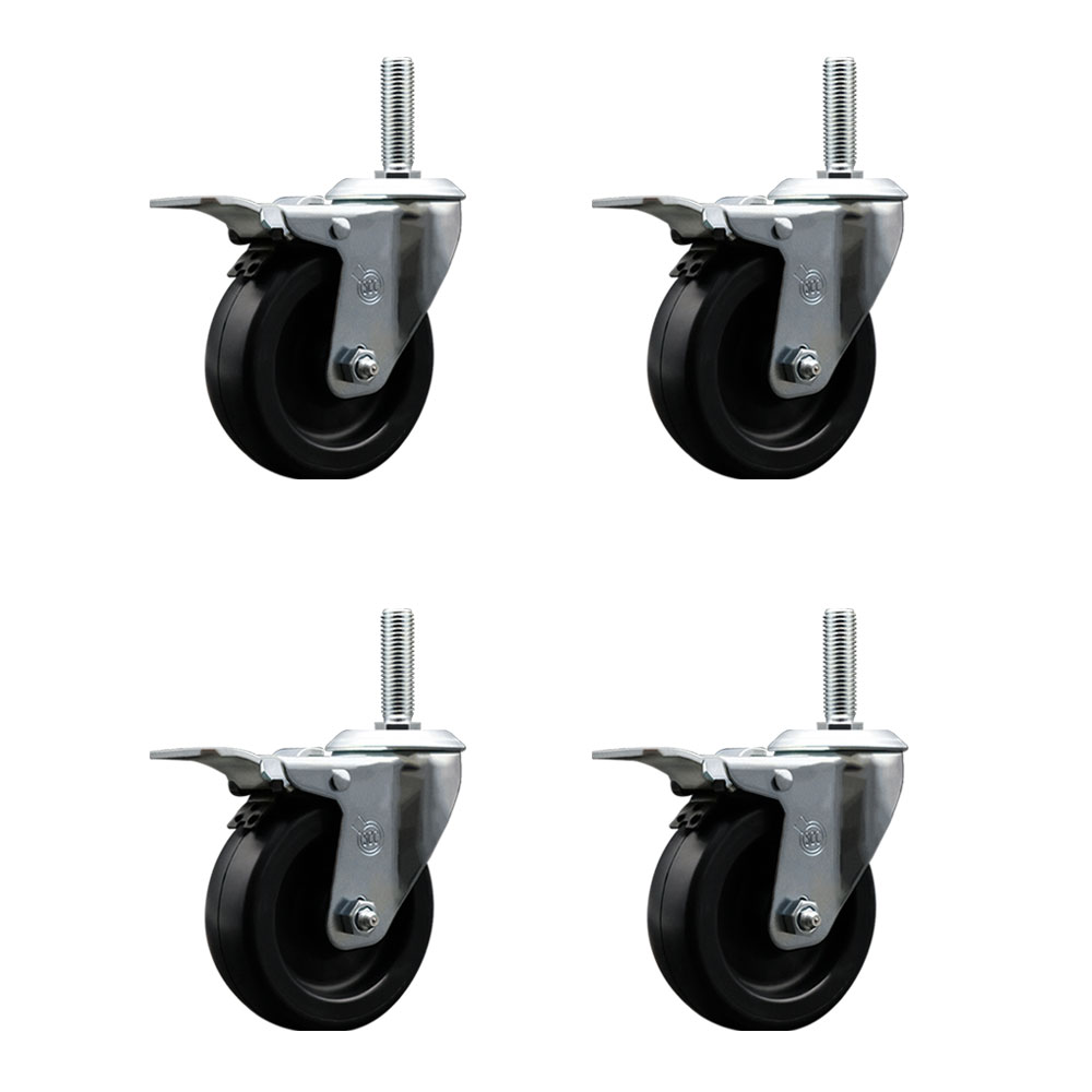 Polyolefin Swivel Threaded Stem Caster Wheels Set of 4 with 4 Inch Black Wheels and 3/4" Stems - Includes 4 with Total Lock Brakes - 1400 lbs. Total Capacity - Service Caster Brand — photo 1
