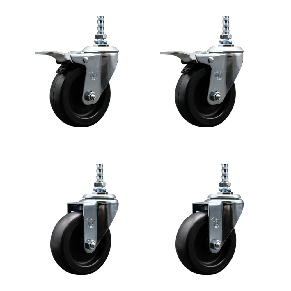 Polyolefin Swivel Threaded Stem Caster Wheels Set of 4 with 4 Inch Black Wheels and 10mm Metric Stems - Includes 2 with Total Lock Brakes - 1400 lbs. Total Capacity - Service Caster Brand — photo 1