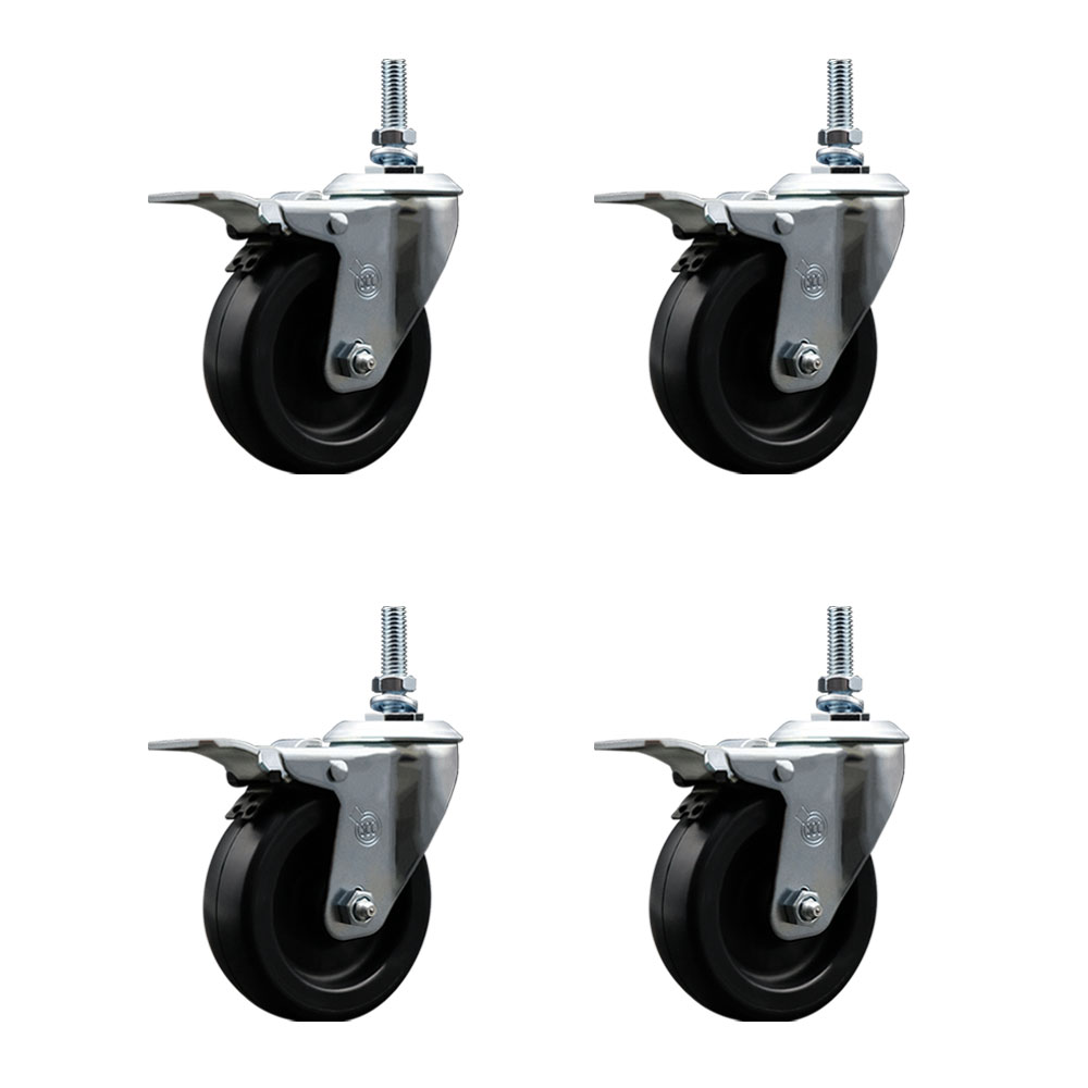 Polyolefin Swivel Threaded Stem Caster Wheels Set of 4 with 4 Inch Black Wheels and 3/8" Stems - Includes 4 with Total Lock Brakes - 1400 lbs. Total Capacity - Service Caster Brand — photo 1