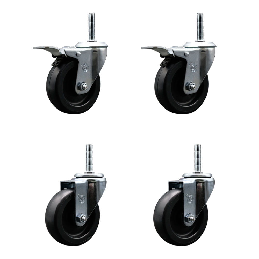 Polyolefin Swivel Threaded Stem Caster Wheels Set of 4 with 4 Inch Black Wheels and 5/8" Stems - Includes 2 with Total Lock Brakes - 1400 lbs. Total Capacity - Service Caster Brand — photo 1