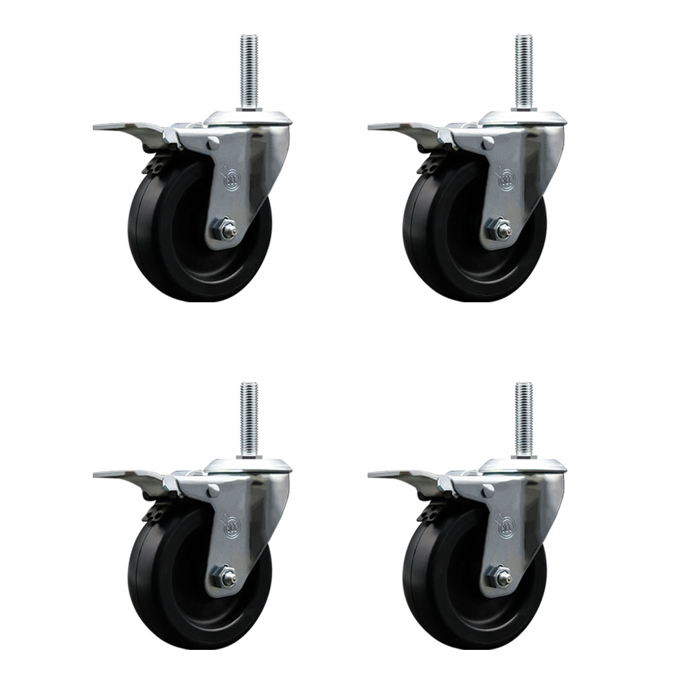 Polyolefin Swivel Threaded Stem Caster Wheels Set of 4 with 4 Inch Black Wheels and 5/8" Stems - Includes 4 with Total Lock Brakes - 1400 lbs. Total Capacity - Service Caster Brand — photo 1