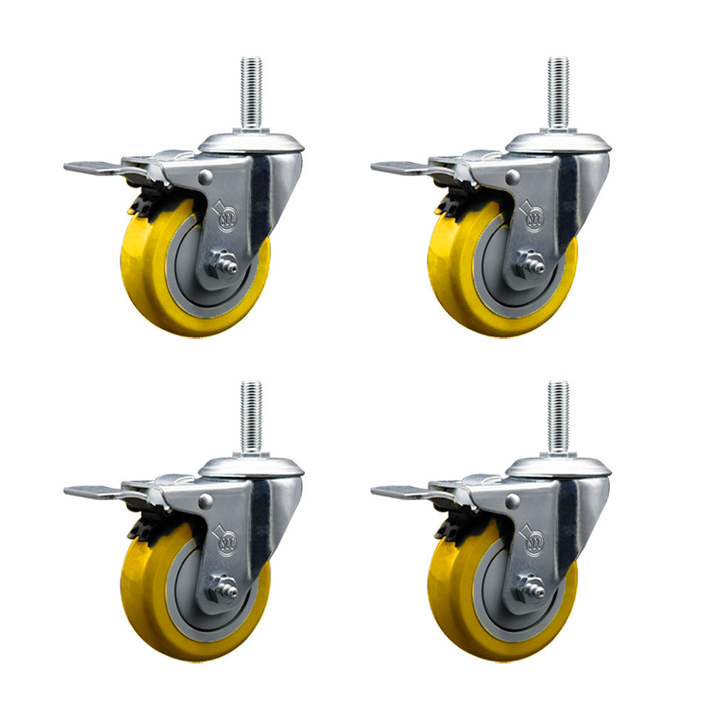 Polyurethane Swivel Threaded Stem Caster Set of 4 w/4" x 1.25" Yellow Wheels and 3/4" Stems - Includes 4 with Total Lock Brakes - 1400 lbs Total Capacity - Service Caster Brand — photo 1