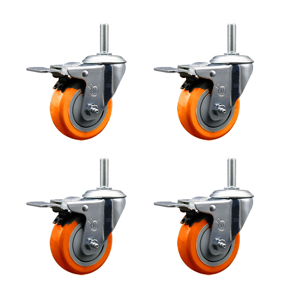 Polyurethane Swivel Threaded Stem Caster Set of 4 w/4" x 1.25" Orange Wheels and 3/4" Stems - Includes 4 with Total Lock Brakes - 1400 lbs Total Capacity - Service Caster Brand — photo 1