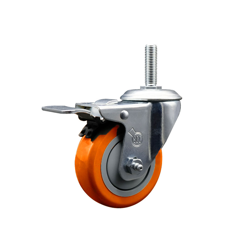 Polyurethane Swivel Threaded Stem Caster w/4" x 1.25" Orange Wheel and 3/4" Stem & Total Locking Brake - 350 lbs Capacity/Caster - Service Caster Brand — photo 1