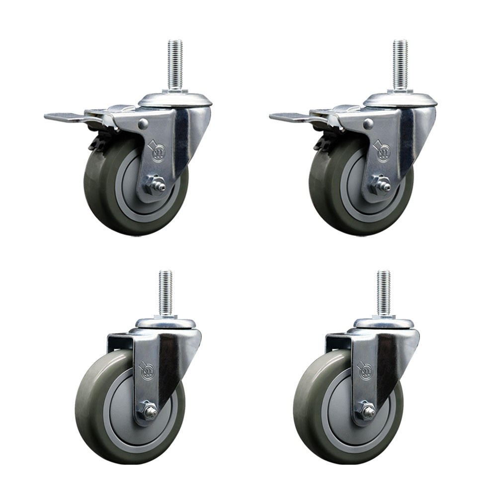 Polyurethane Swivel Threaded Stem Caster Set of 4 w/4" x 1.25" Gray Wheels and 5/8" Stems - Includes 2 with Total Locking Brake - 1400 lbs Total Capacity - Service Caster Brand — photo 1